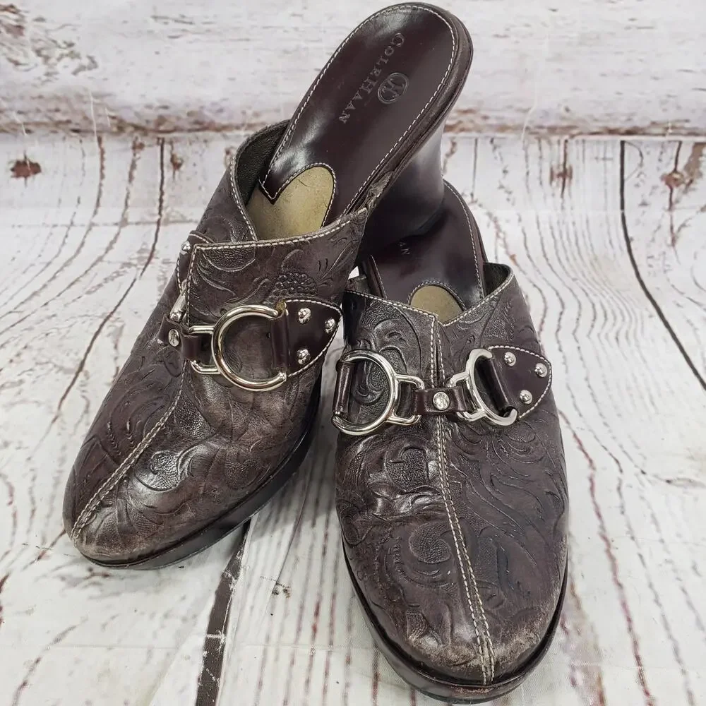 Cole Haan Women's Brown D18198 Leather Tooled Clog Mules Size 7B